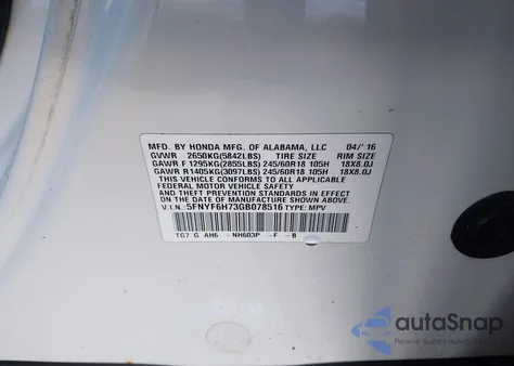 2016 Honda Pilot Ex-L из США, поврежденный, VIN 5FNYF6H73GB078516